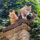 Four Cats Walking on Fallen Log in Misty Forest