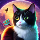 Colorful digital artwork: Black and white cat with cosmic background, heart-shaped tail, flying silhouette.