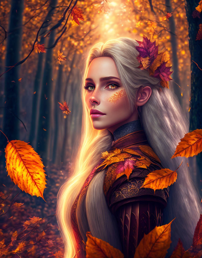 Platinum blonde woman with golden leaf patterns in autumn forest