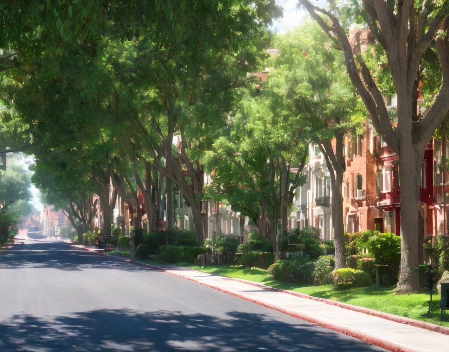 Tranquil street with green trees, red-bricked houses, and clear sky