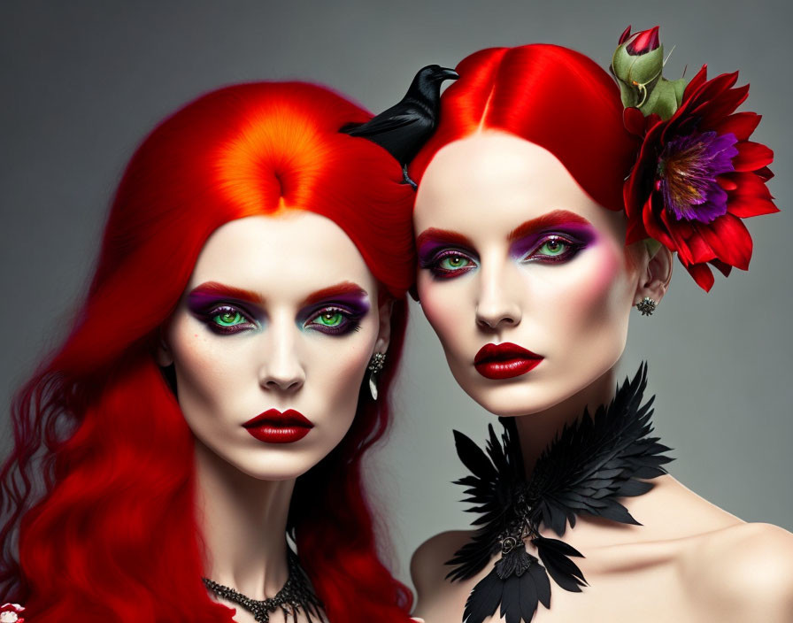 Vivid red hair women with floral and feathered accessories on grey backdrop