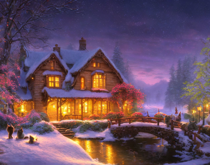 Snowy Twilight Scene: Cozy Cottage, Starry Sky, Pink Flowers