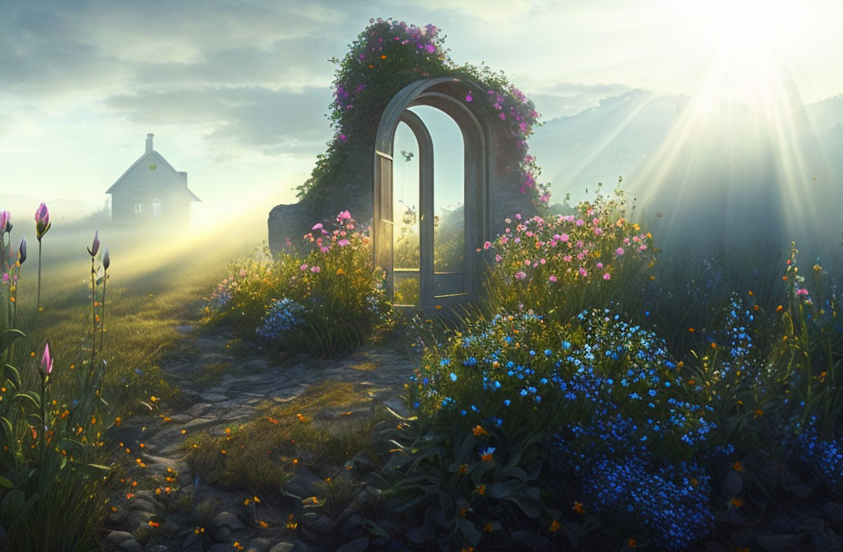 Scenic door with flower decorations, leading to sunlit path and distant mountain house