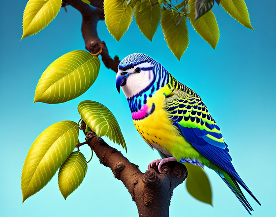 Colorful Budgerigar Perched on Tree Branch with Green Leaves and Blue Sky