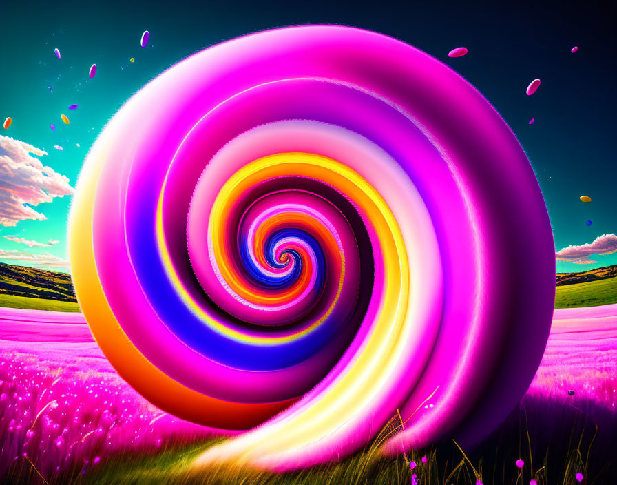 Colorful Swirling Spiral Artwork in Purple, Pink, and Blue on Surreal Landscape