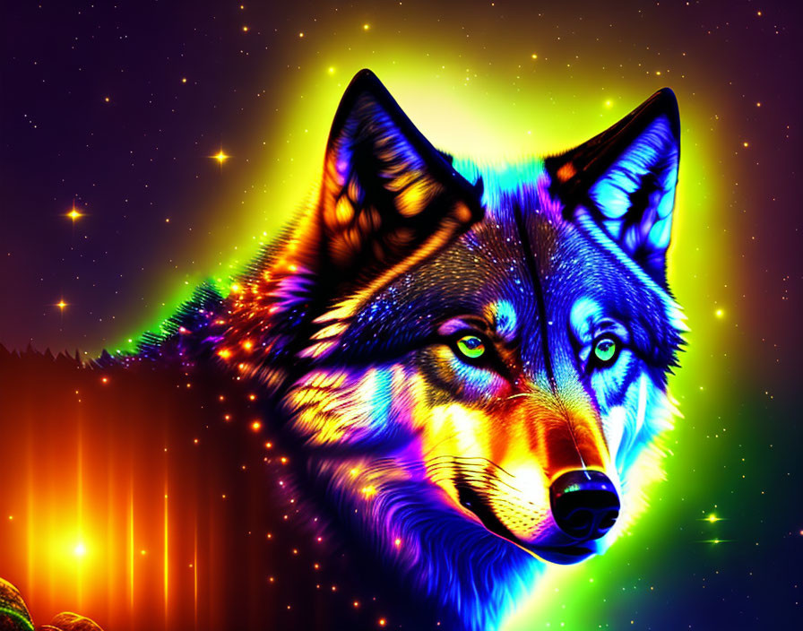 Colorful wolf art with neon hues on cosmic backdrop