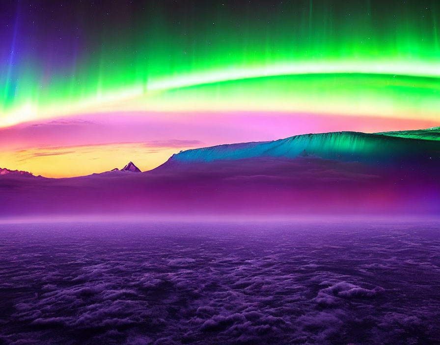 Colorful Aurora Borealis over Silhouetted Mountains at Sunset