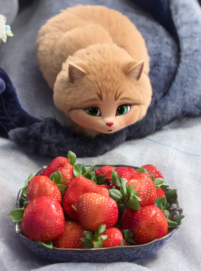 Animated ginger cat with large green eyes peeking at red strawberries on blue cloth table