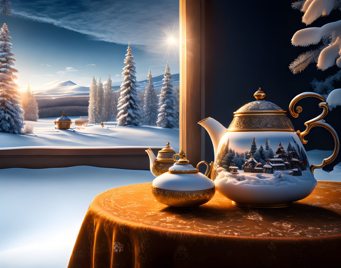 Tea Set on Table with Winter Scene Backdrop