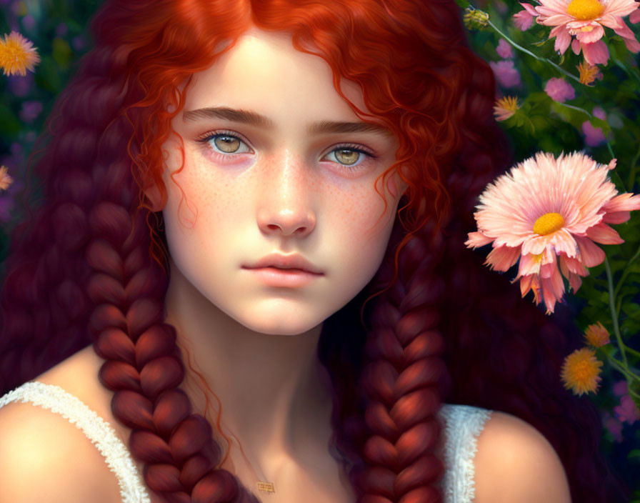 Young girl digital portrait with red hair, freckles, green eyes, and pink flowers