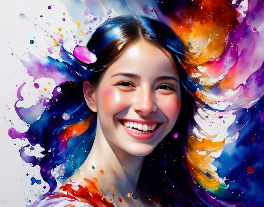 Colorful Paint Splashes Surround Smiling Woman