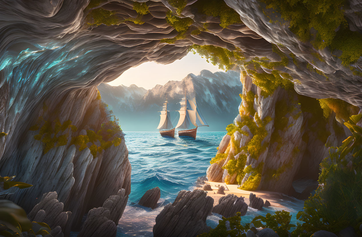 Sailing ship in sunlit cove with rocky cliffs and mountains