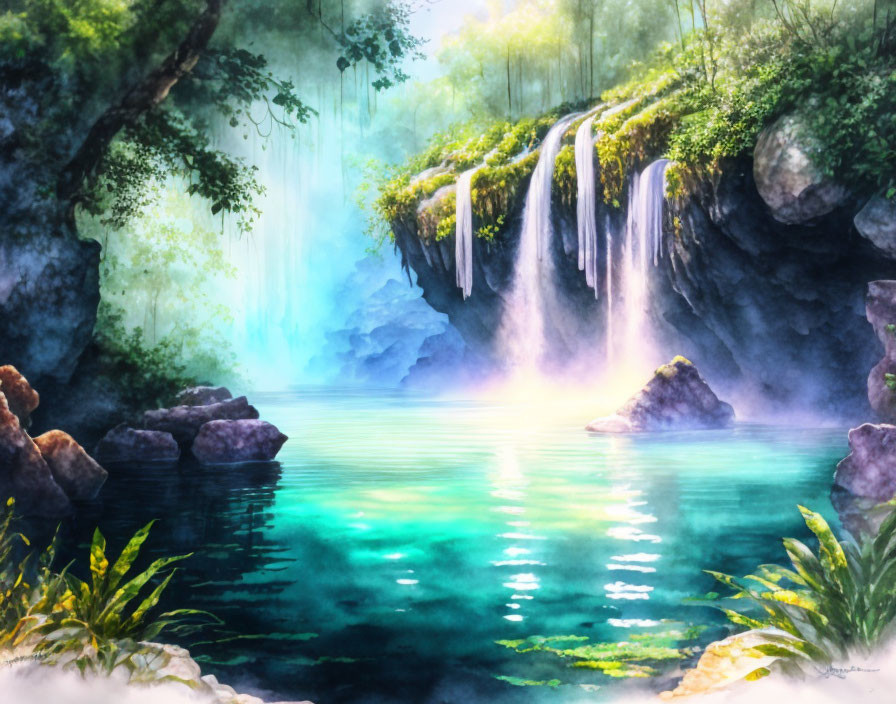 Tranquil fantasy landscape with serene waterfall, azure lagoon, lush greenery, and ethereal