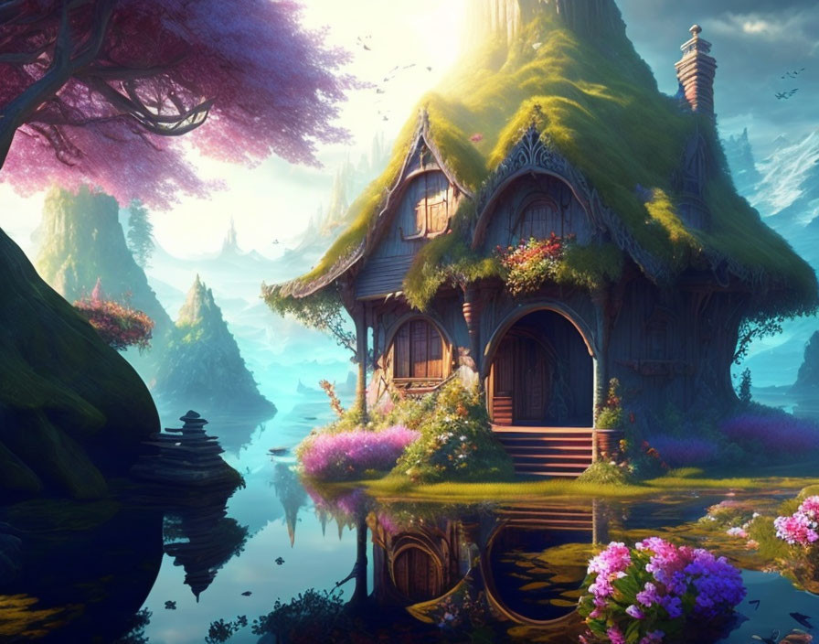 Whimsical fantasy cottage with thatched roof and vibrant flowers in serene landscape.