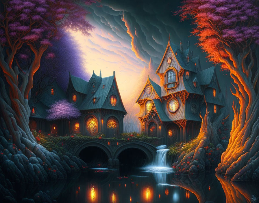 Whimsical house in fantasy landscape with purple trees, stream, and dynamic sky