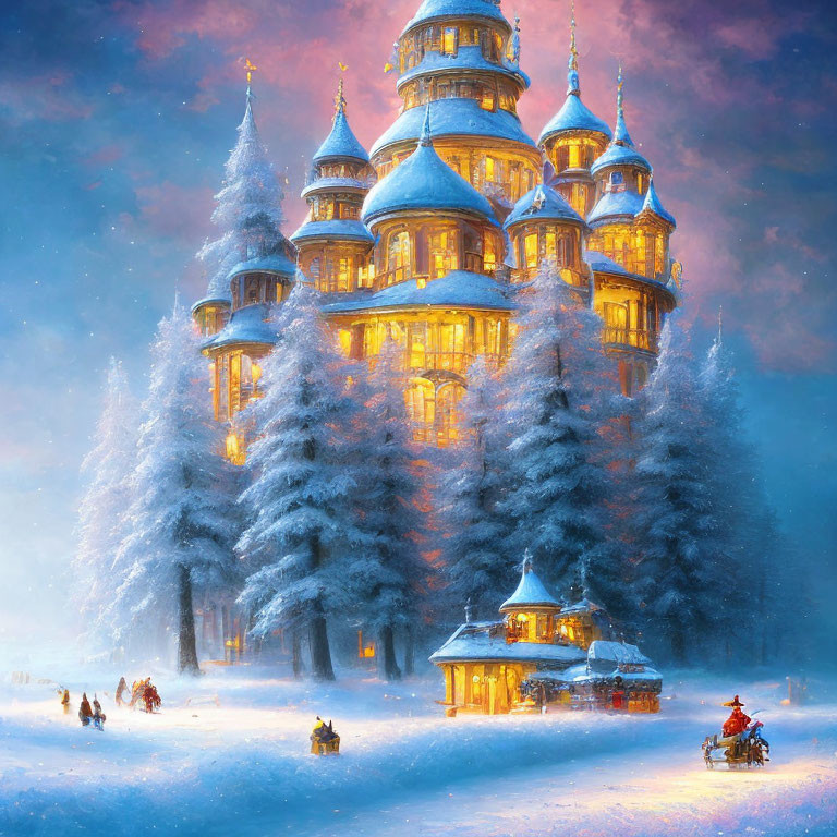 Snowy castle scene with horse-drawn sleighs and people in winter.