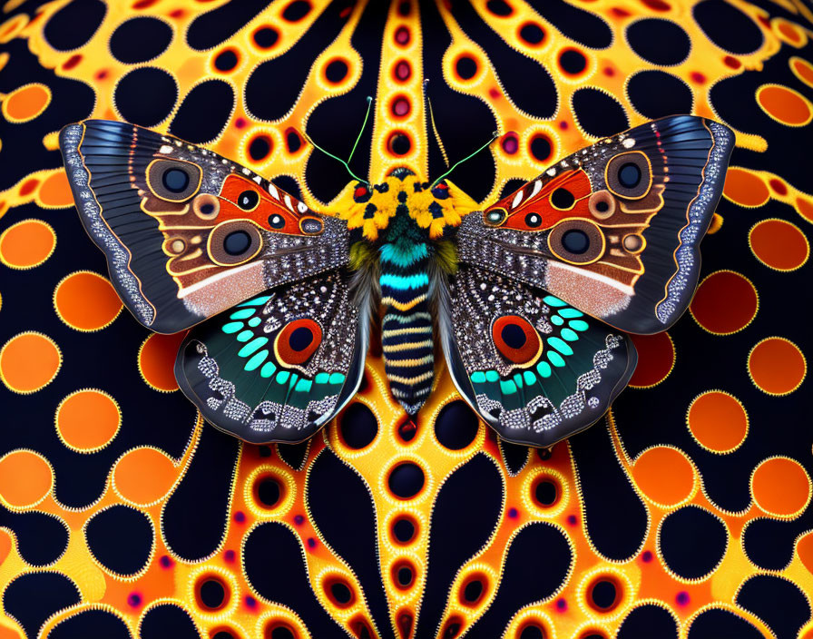 Colorful Butterfly Resting on Psychedelic Background with Concentric Circles