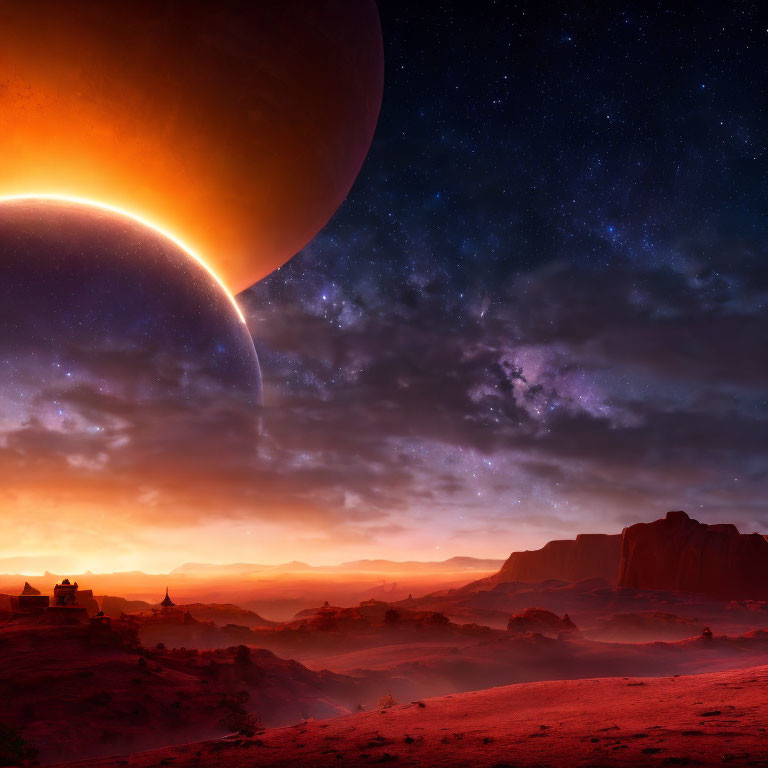 Sci-fi sunset landscape with glowing planet and rocky terrain