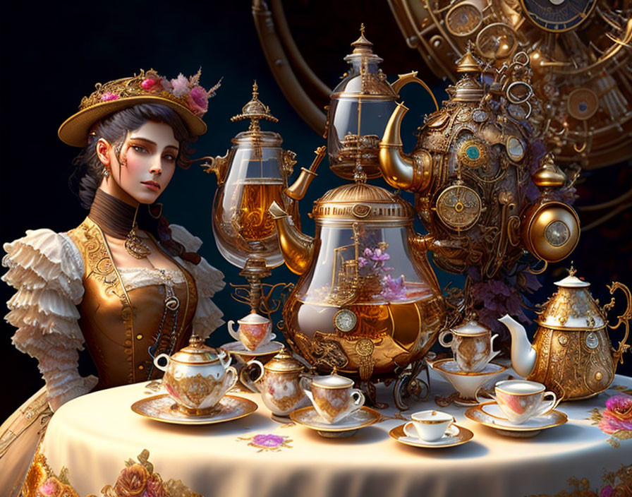 Victorian lady with steampunk tea set featuring gears and metallic elements