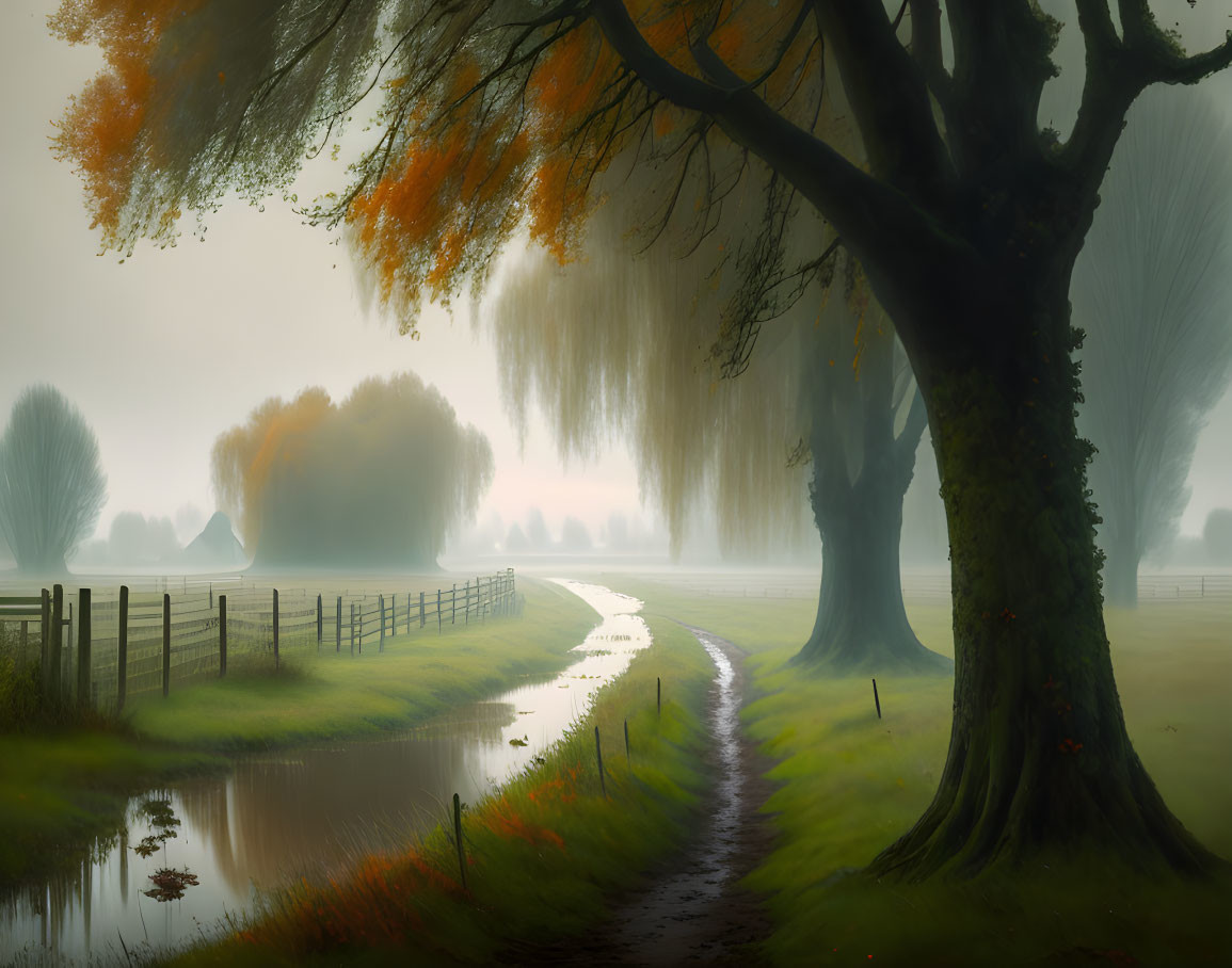 Tranquil autumn landscape with tree-lined path and meandering stream