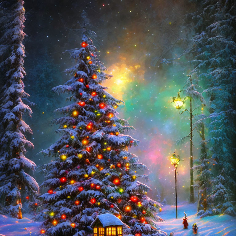 Snowy Night Scene: Christmas Tree, Northern Lights, Cozy Cottage, Person