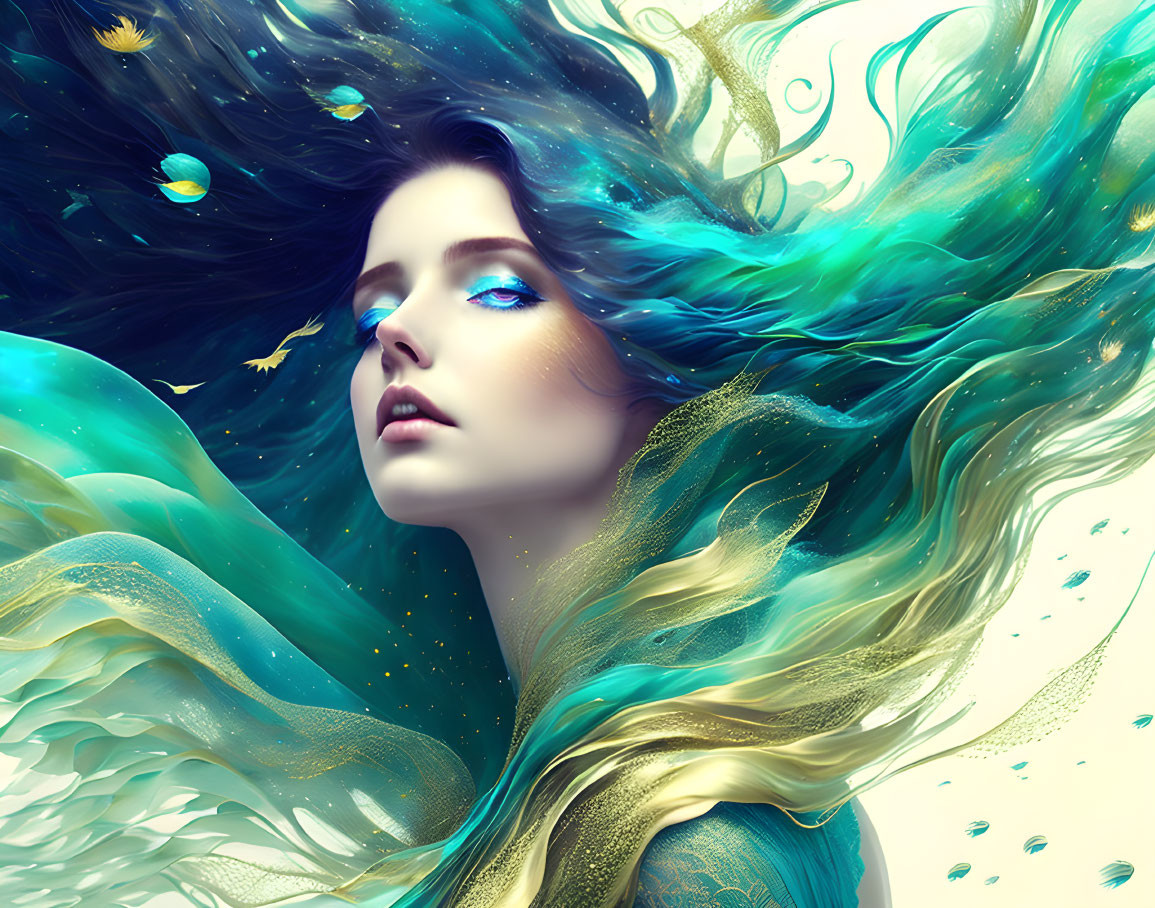 Illustration of woman with flowing blue hair and gold accents intertwined with fish, creating a serene oceanic