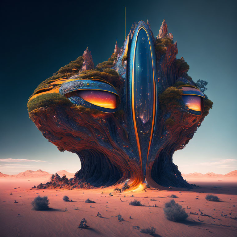 Futuristic surreal tree with glowing split and pods in desert landscape