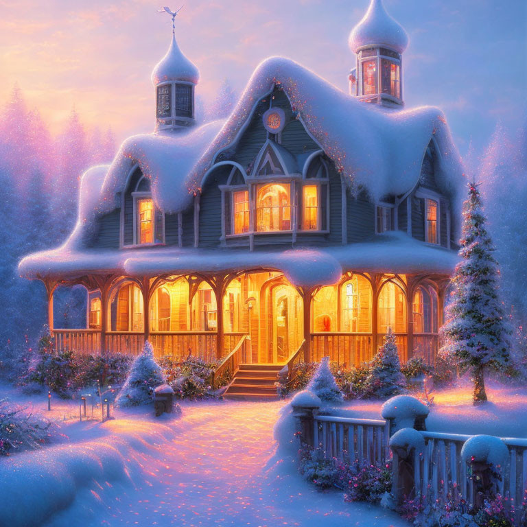 Snow-covered cottage in twilight winter scene with glowing windows.