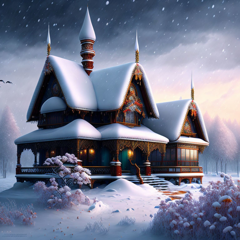 Victorian-style house in snow with warm glowing lights at twilight