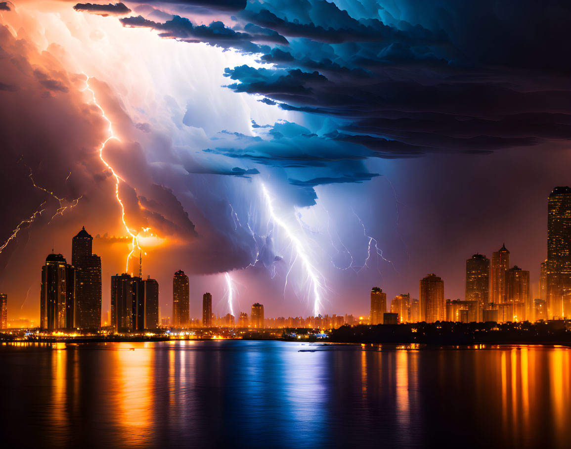 Night city skyline with vibrant lightning storm over water