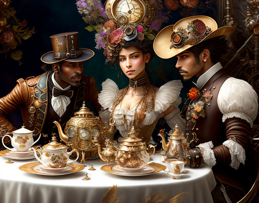 Three people in steampunk outfits at ornate tea table