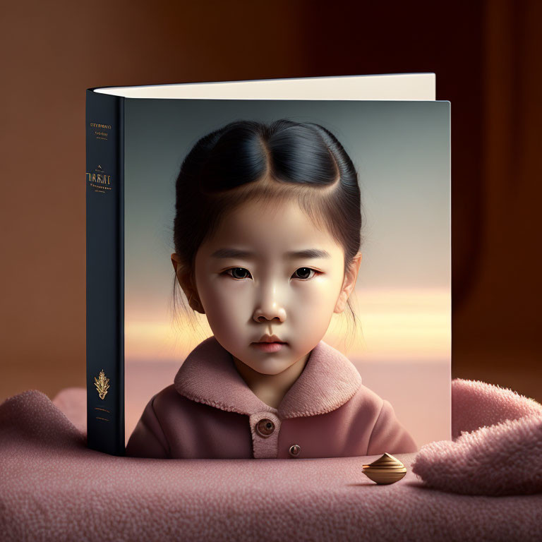 Girl blending with book cover against warm background, face on spine.