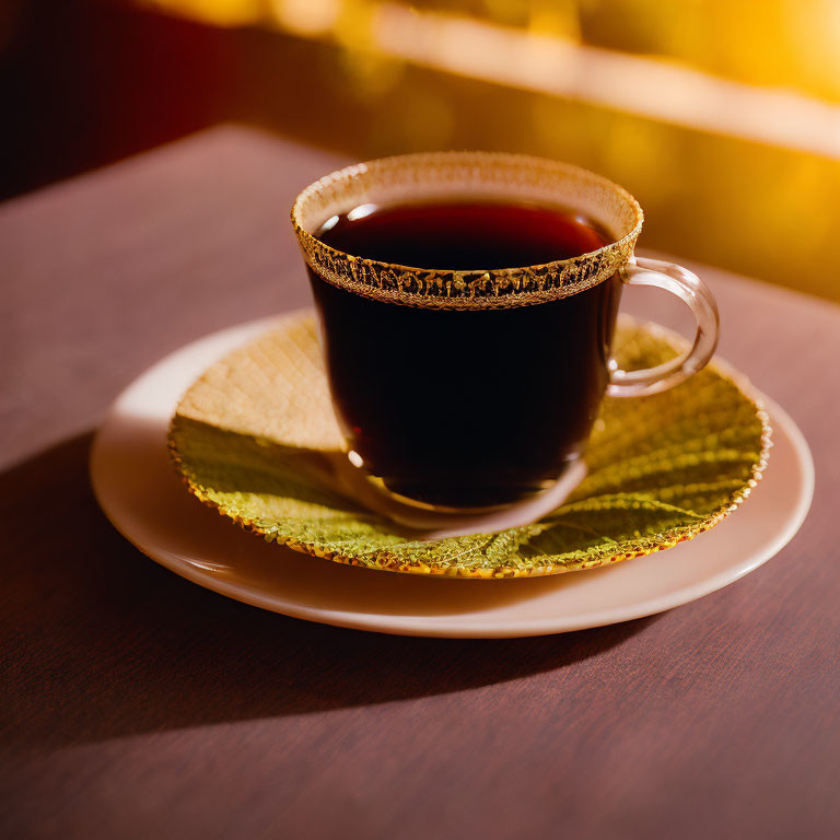 Glass cup of tea with sugar-rimmed edge on saucer in warm light