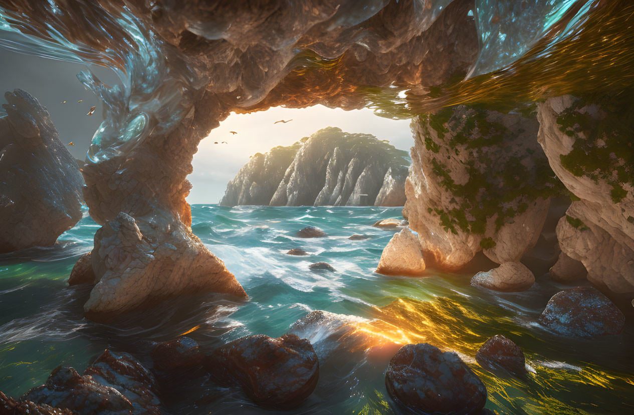 Sunlit ocean view through natural rock arch with crashing waves and birds flying