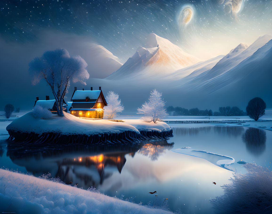 Winter night scene: snow-covered landscape, cozy house by lake, ducks, bare trees, starry