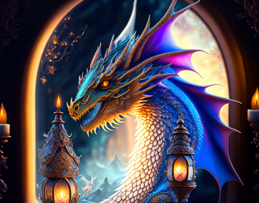 Blue dragon with ornate lanterns and mystical gateway in starry night scene