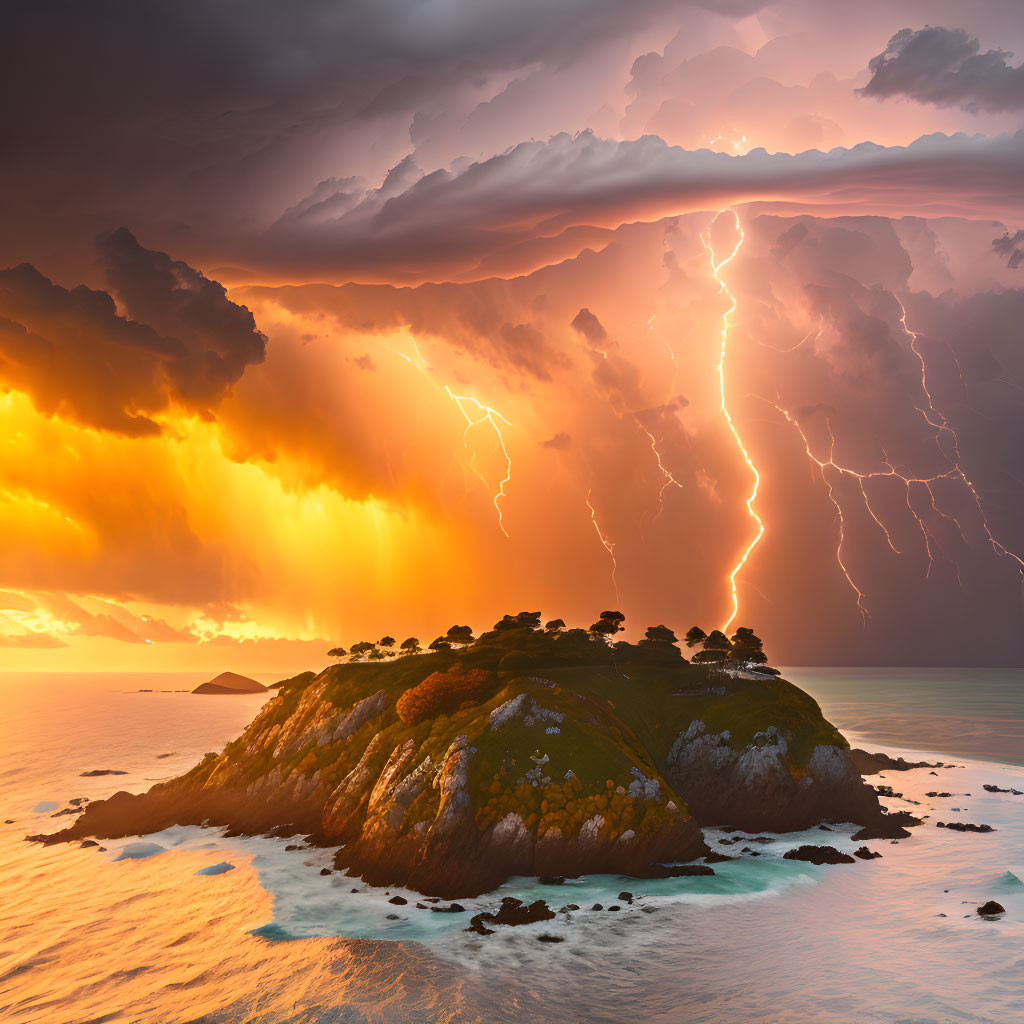 Stormy Seascape with Lightning Strikes and Fiery Sunset