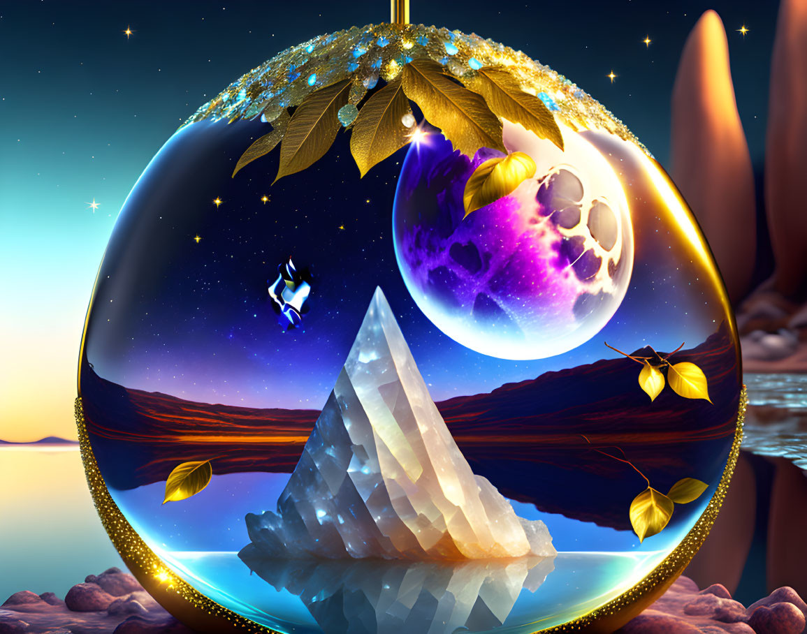 Transparent orb digital artwork with crystal, planet, moon, and stars