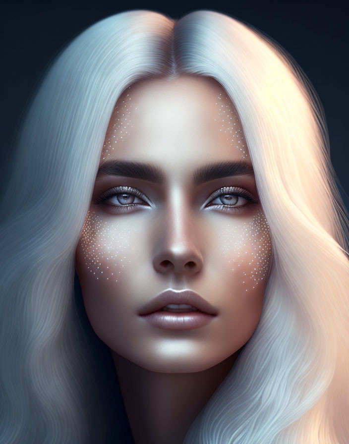 Detailed Digital Portrait of Woman with White Hair, Blue Eyes, and Freckles