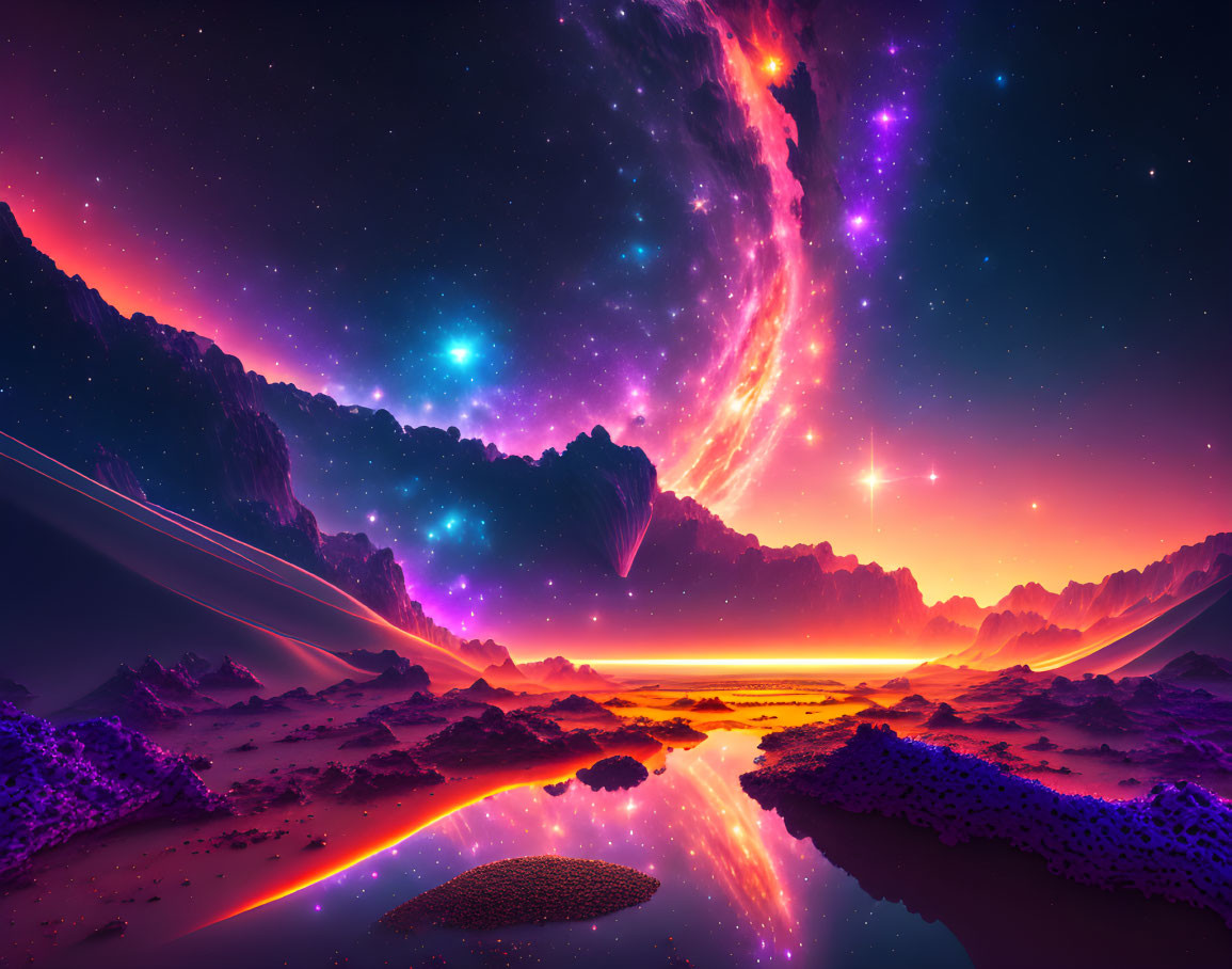 Colorful cosmic landscape with nebula, starry sky, reflective water, mountains, and surreal sky