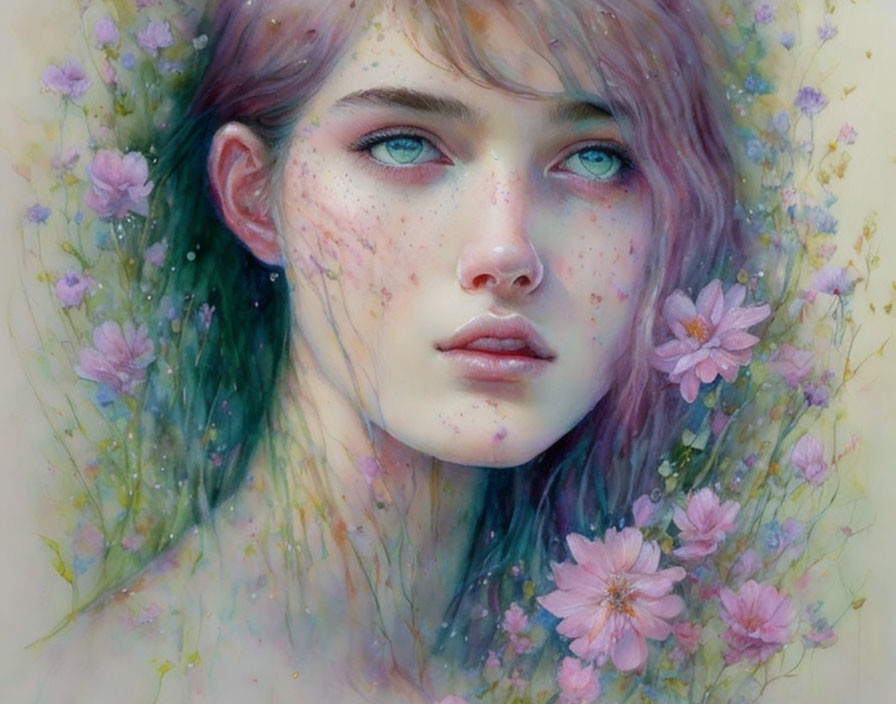 Illustration of Woman with Blue Eyes Surrounded by Pink Flowers