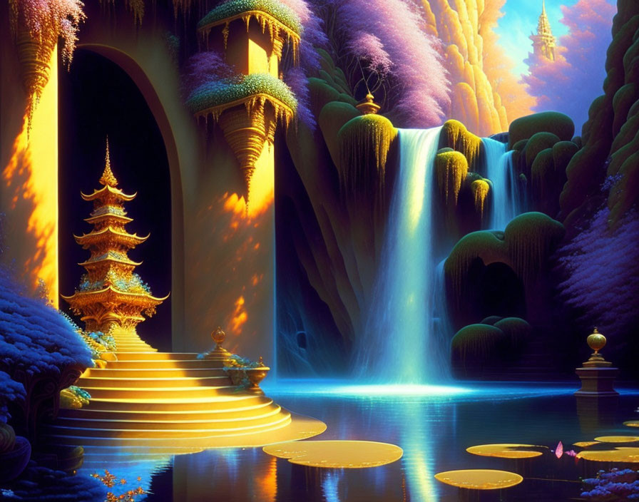 Mystical landscape with golden staircase, waterfalls, flora, and glowing pagodas