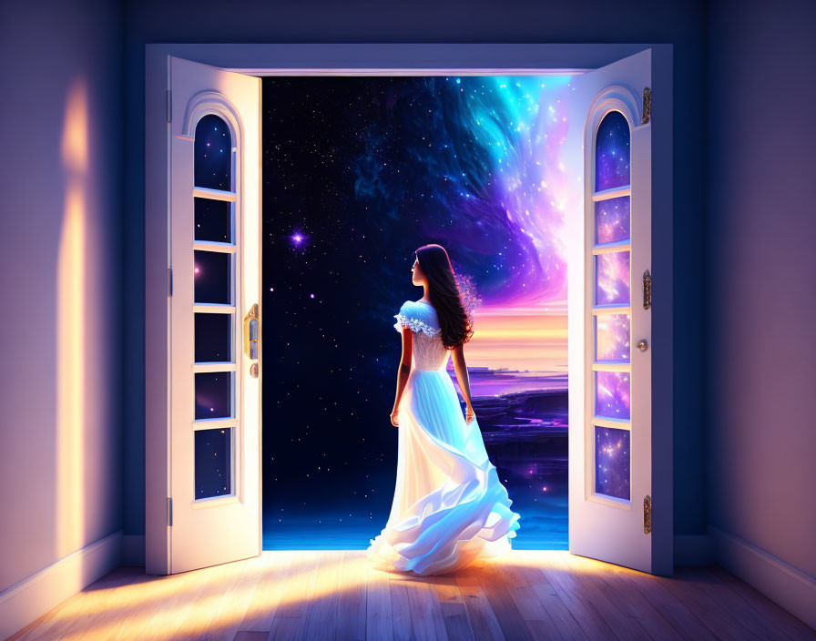 Woman in white dress gazes at vibrant cosmic sky from open door