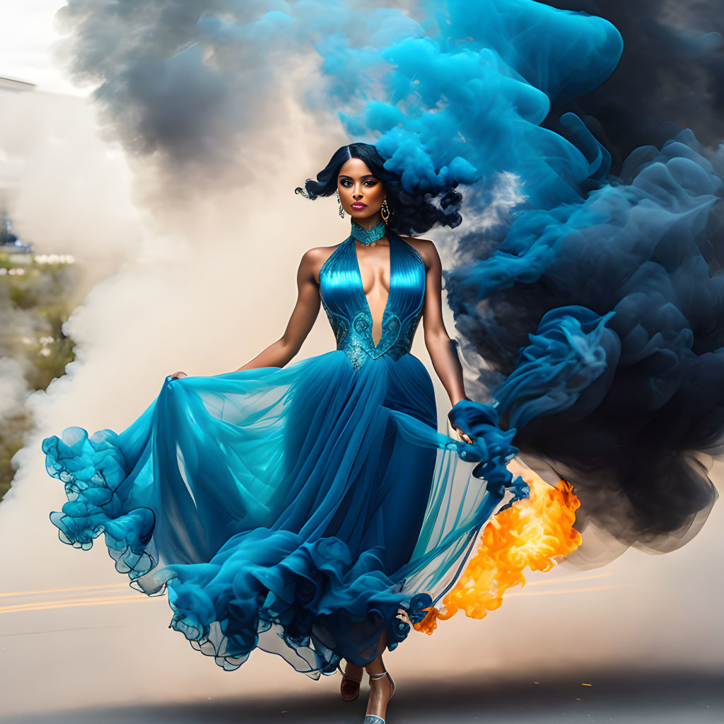 Woman in flowing blue dress surrounded by swirling blue and orange smoke