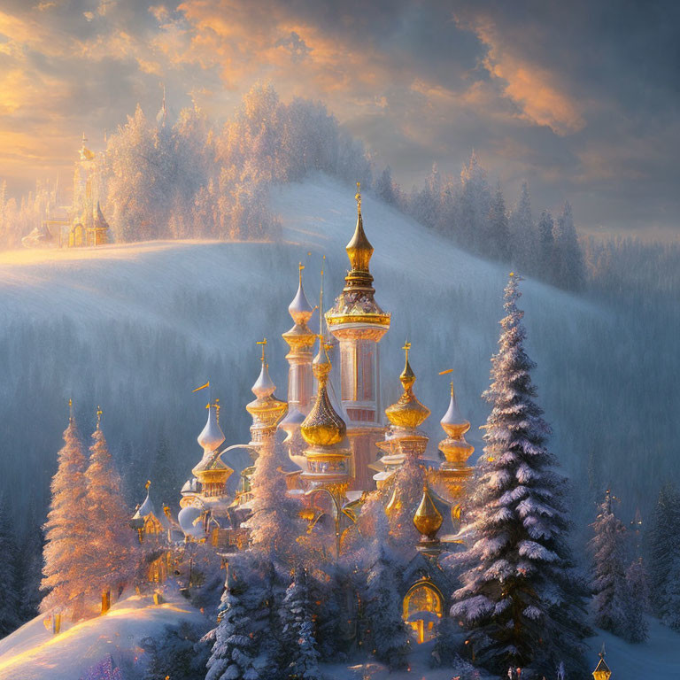 Snow-covered trees and golden-domed church in serene winter setting