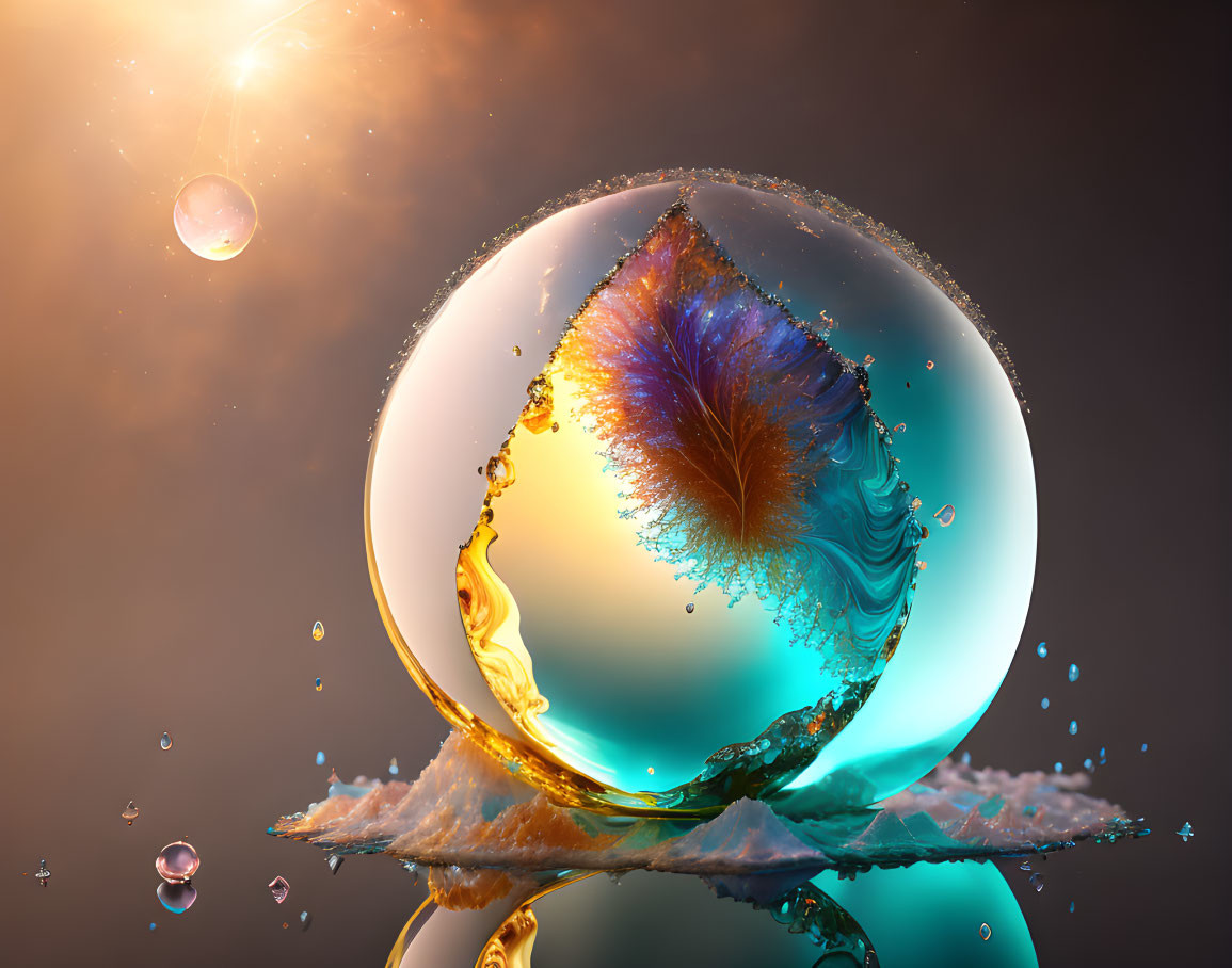 Colorful digital artwork featuring spherical object with liquid splash, blue crystalline patterns, on amber backdrop with