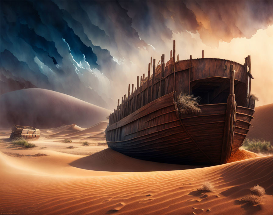 Abandoned wooden shipwreck in desert with dramatic sky