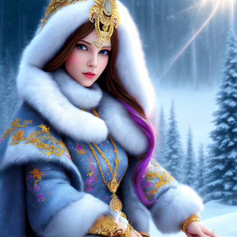 Regal fantasy figure in blue and gold winter cloak in snowy forest