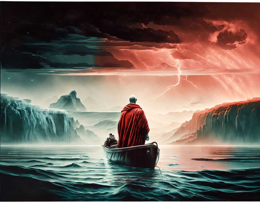 Figure in Red Cloak Sits in Boat on Still Water with Dramatic Landscape