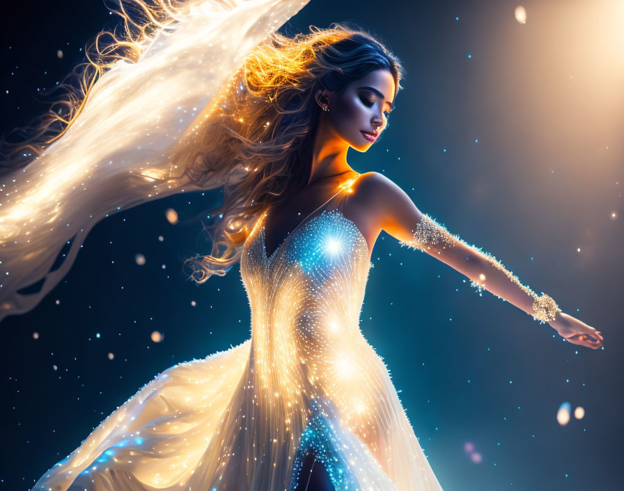 Sparkling dress woman in fantasy setting